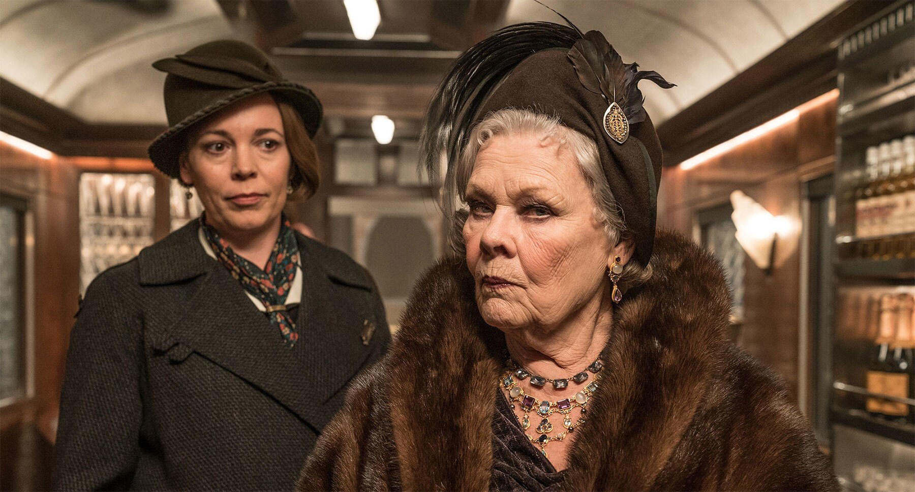 Judi Dench (as Princess Dragomiroff) and Olivia Colman (as Hildegarde Schmidt) in "Murder on the Orient Express"