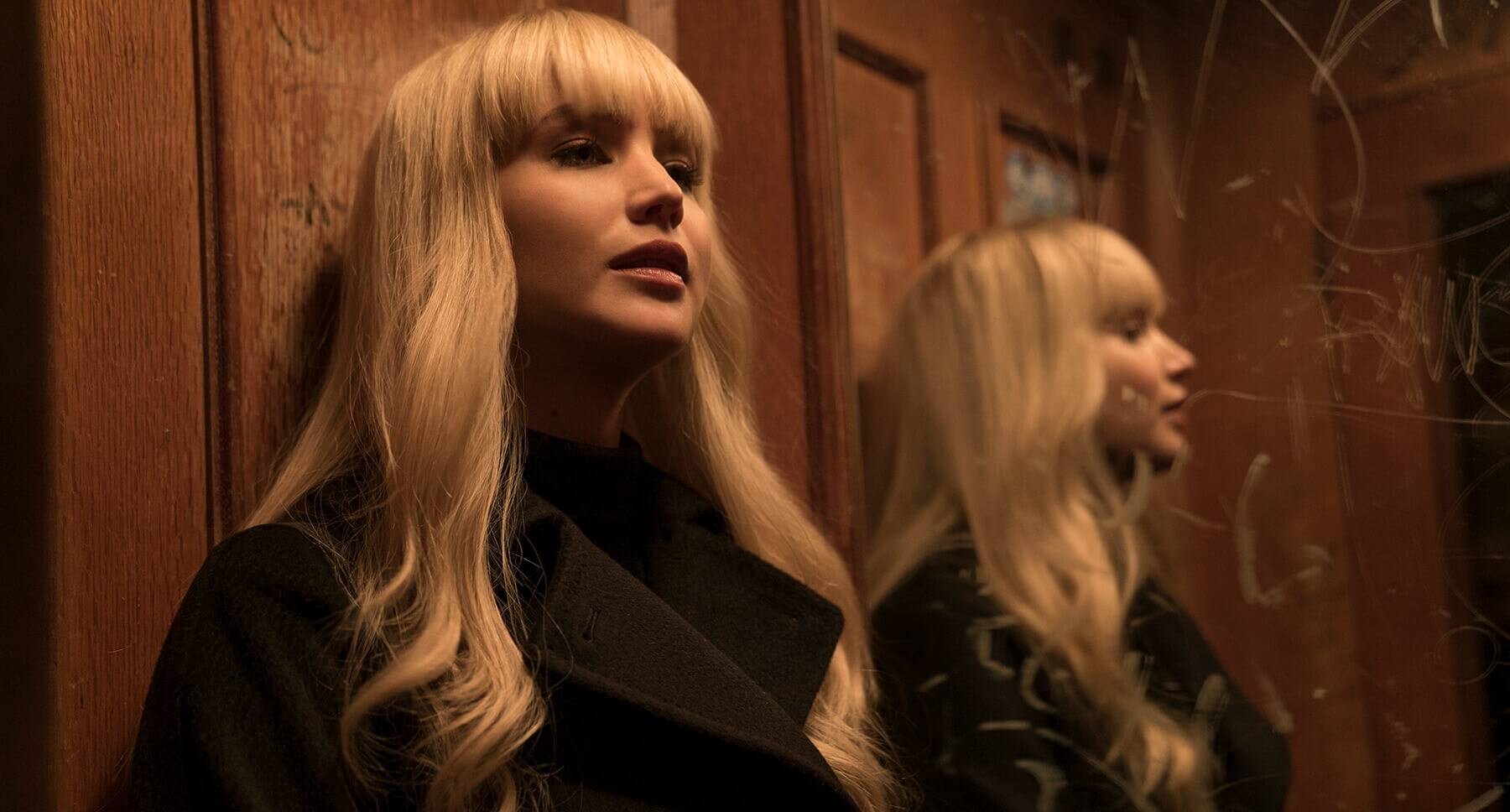 Jennifer Lawrence (as Dominika Egorova) in an elevator in  "Red Sparrow"