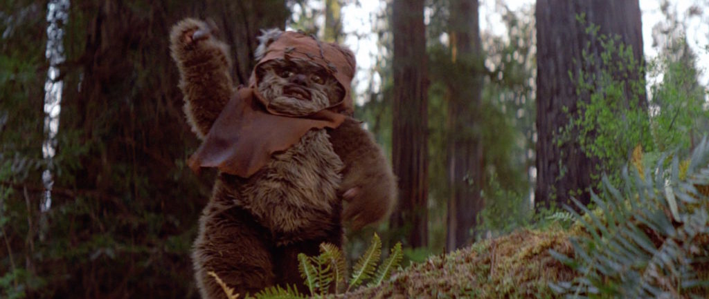 Standing on a log, Wicket raises his arm in Return of the Jedi.