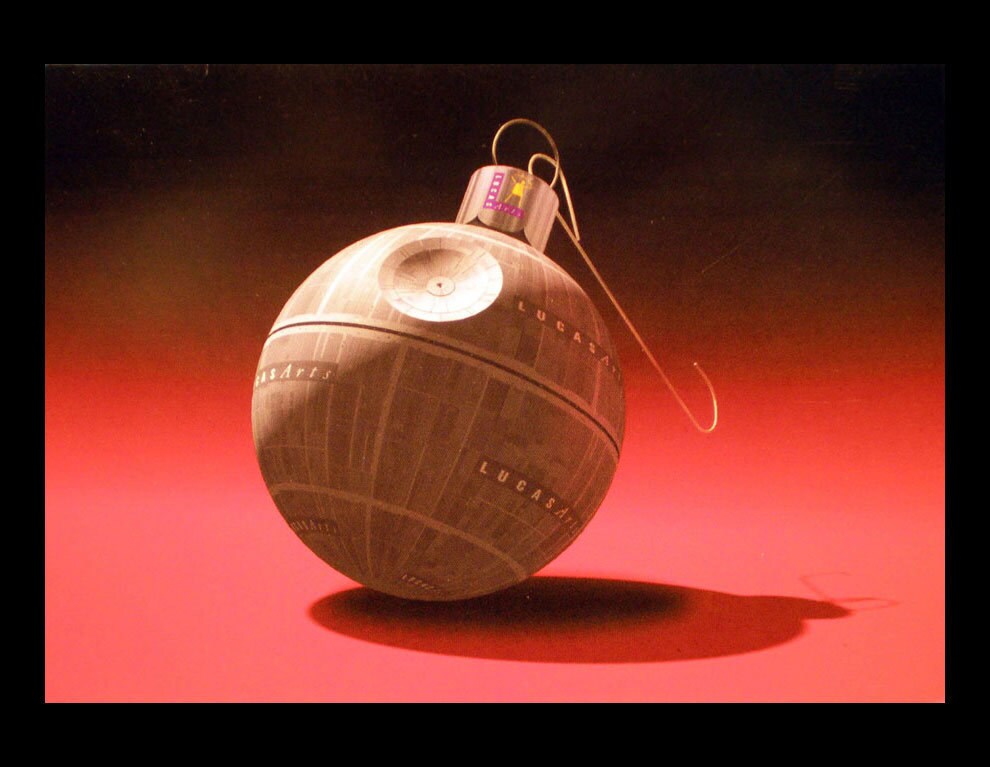 A Death Star Christmas globe ornament on a red background. The image is from a Star Wars holiday card created by Peter Chan and Daniel Colon, Jr.