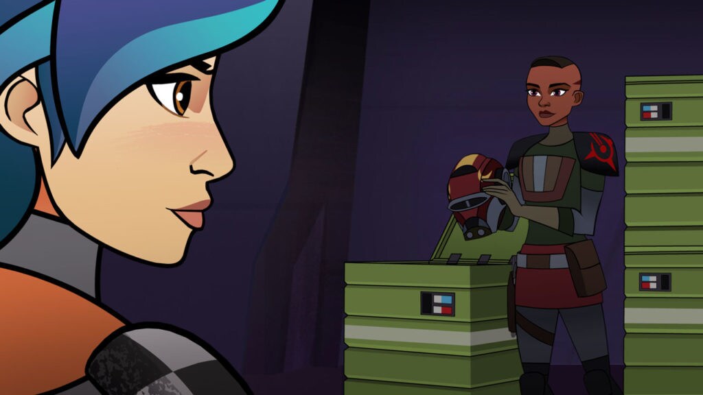 Sabine looks at Ketsu, who holds her helmet, in Forces of Destiny.