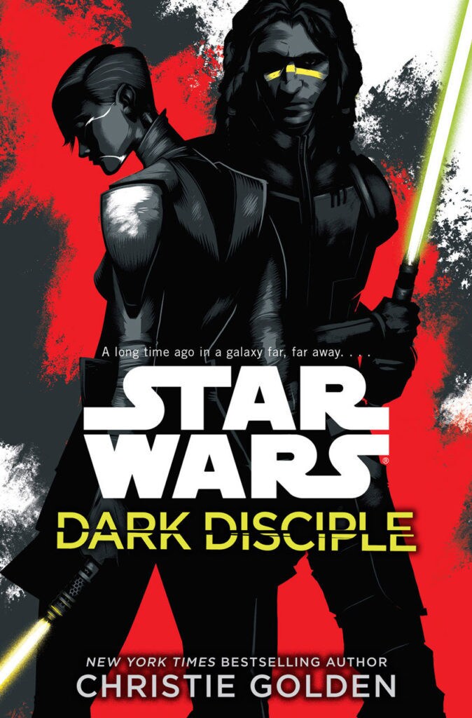 Asajj Ventress and Quinlan Vos stand together, holding green lightsabers, on the cover of the novel Dark Disciple.