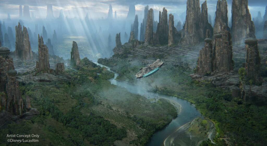 A rendering of the Millennium Falcon flying over a river on Batuu.