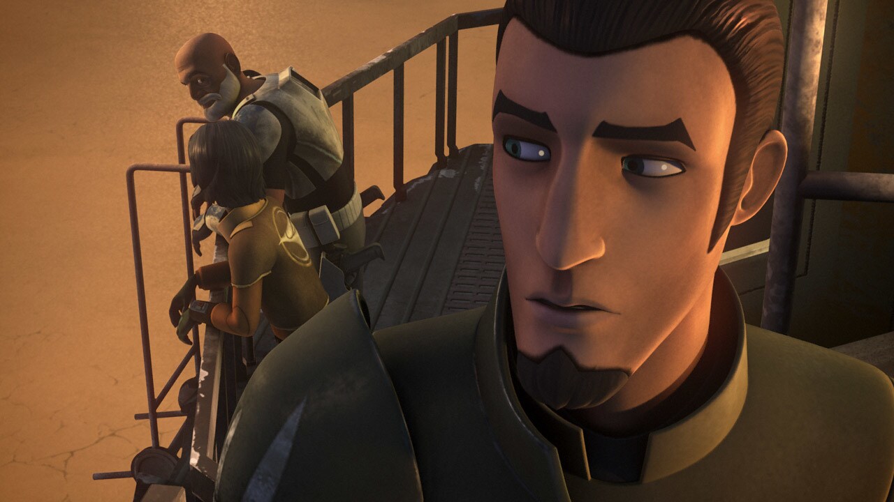 Kanan Jarrus looks over his shoulder at Ezra Bridger and Captain Rex.