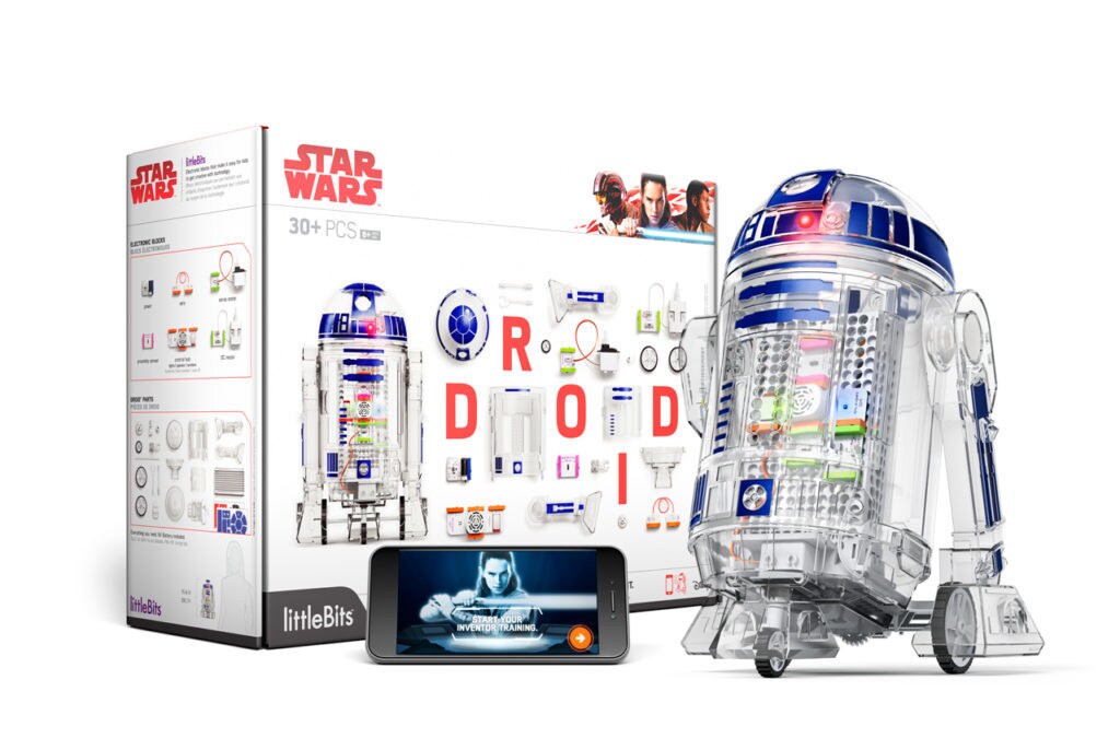 A littleBits Droid Inventor Kit sits next to a constructed R2-D2.