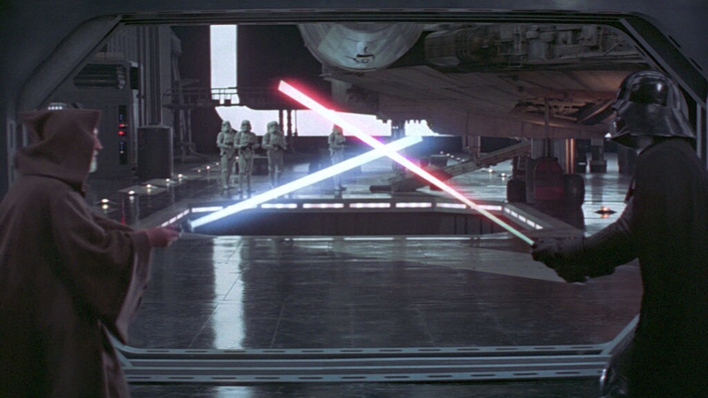 Obi-Wan Kenobi fights Darth Vader with lightsabers onboard the Death Star.