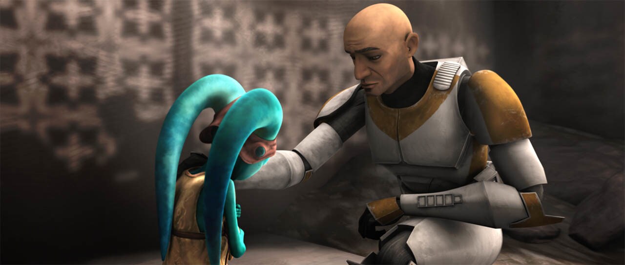 Waxer places his hand on Numa's shoulder as she looks toward the ground in The Clone Wars.