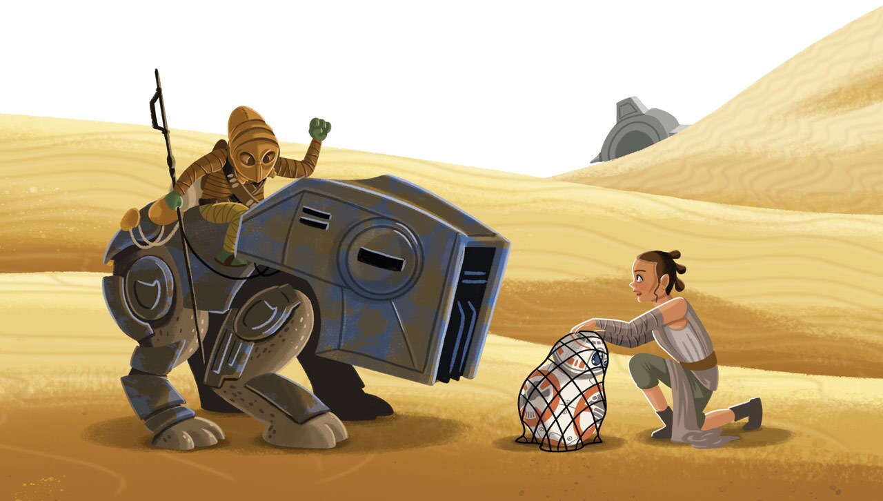 Rey tries to free BB-8 from a net while Teedo watches from atop a luggabeast in art from The Big Golden Book of Aliens, Creatures, and Beasts.