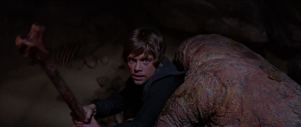 Luke Skywalker wields a giant animal bone while in the clutches of Jabba's rancor in Return of the Jedi.