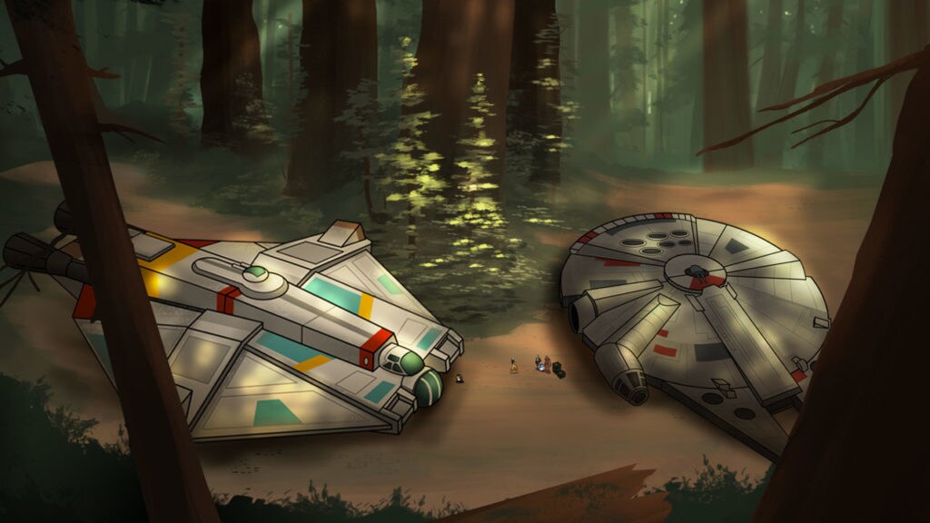 An aerial view of the Millennium Falcon and the Ghost Ship in the moon forest of Endor.