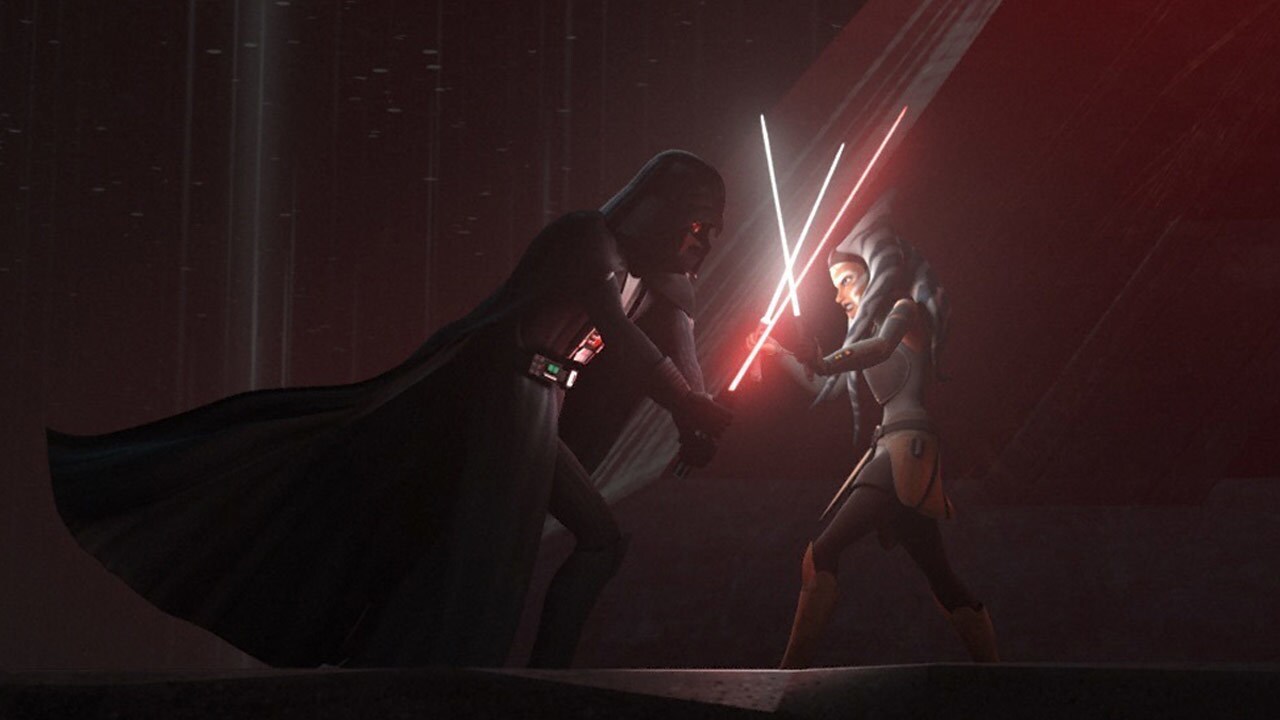 Darth Vader duels with an adult Ahsoka Tano.