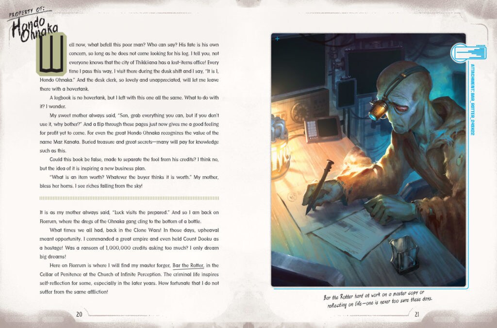 Pages from the book Star Wars: Smuggler's Guide show a journal entry, on the left, and Bar the Rotter sitting at a desk writing, on the right.