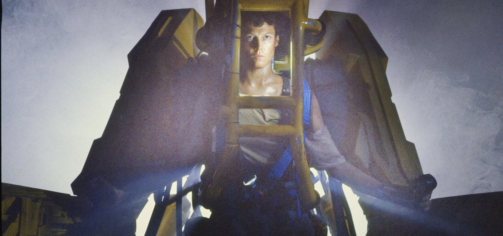 Actor Sigourney Weaver (as Ridley) wearing Powerloader suit in the film "Aliens."