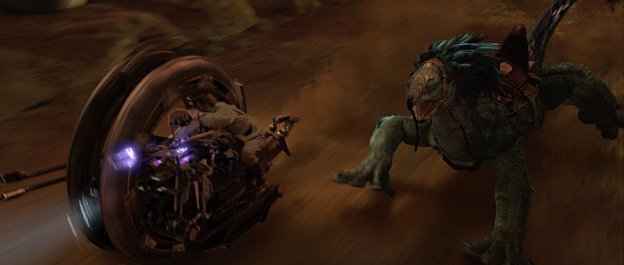 Obi-Wan and General Grievous fight on a wheel bike while the giant Utapaun lizard, Boga, runs beside them in Revenge of the Sith.