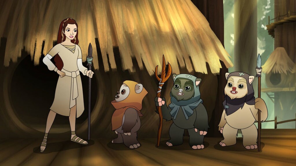 Princess Leia holds a spear while wearing the dress she was gifted as Wicket and other Ewoks look on in Forces of Destiny.