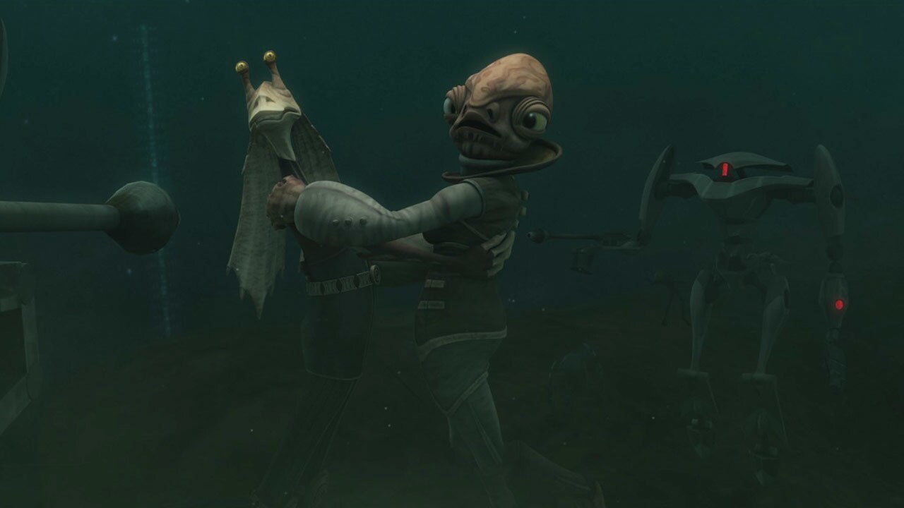Jar Jar Binks and a Mon Calamari hold on to each other while droids point blaster rifles at them in The Clone Wars.