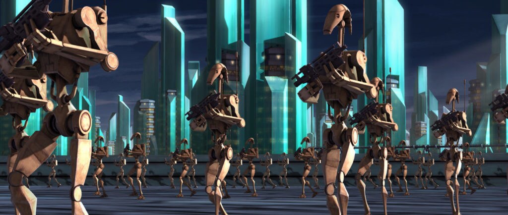 An army of battle droids wielding blaster rifles march in formation on the planet Christophsis in The Clone Wars.