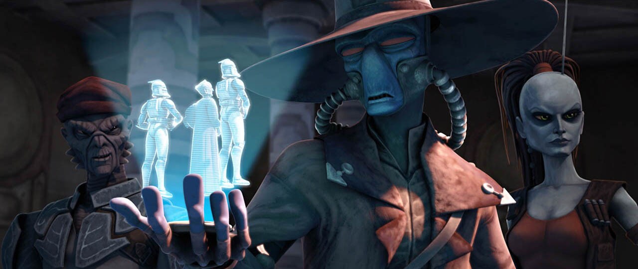 Bounty hunter Cad Bane receives a holographic message from Chancellor Palpatine.