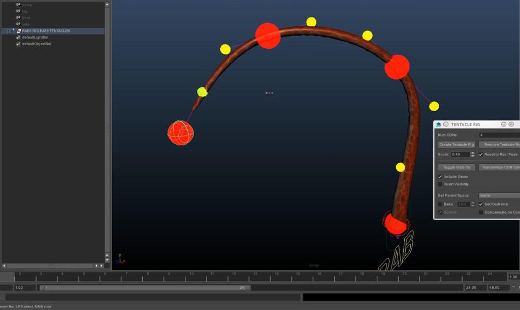 A computer generated model of a rathtar tentacle in a software program.