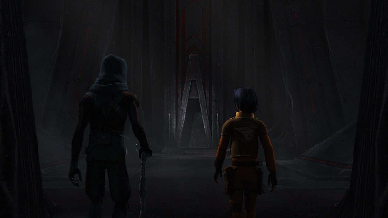 Maul and Ezra walk down a dark hallway in Star Wars Rebels.