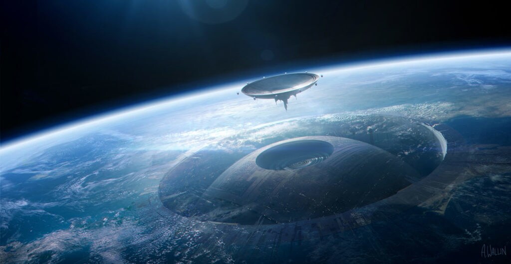 Concept art of the Death Star embedded into a planet that serves as its dry dock. A dish flies in to be assembled into the Death Star.