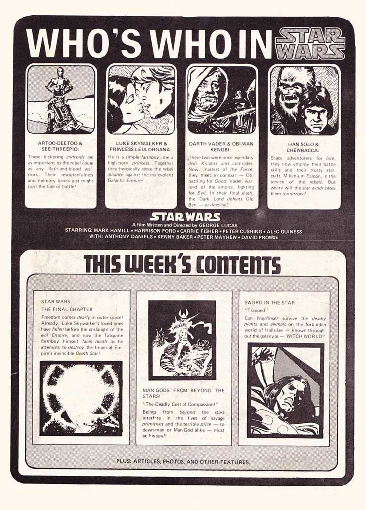 The inside cover of Star Wars Weekly issue 12, featuring R2-D2, C-3PO, Luke, Leia, Darth Vader, Obi-Wan, Chewbacca, and Han Solo.