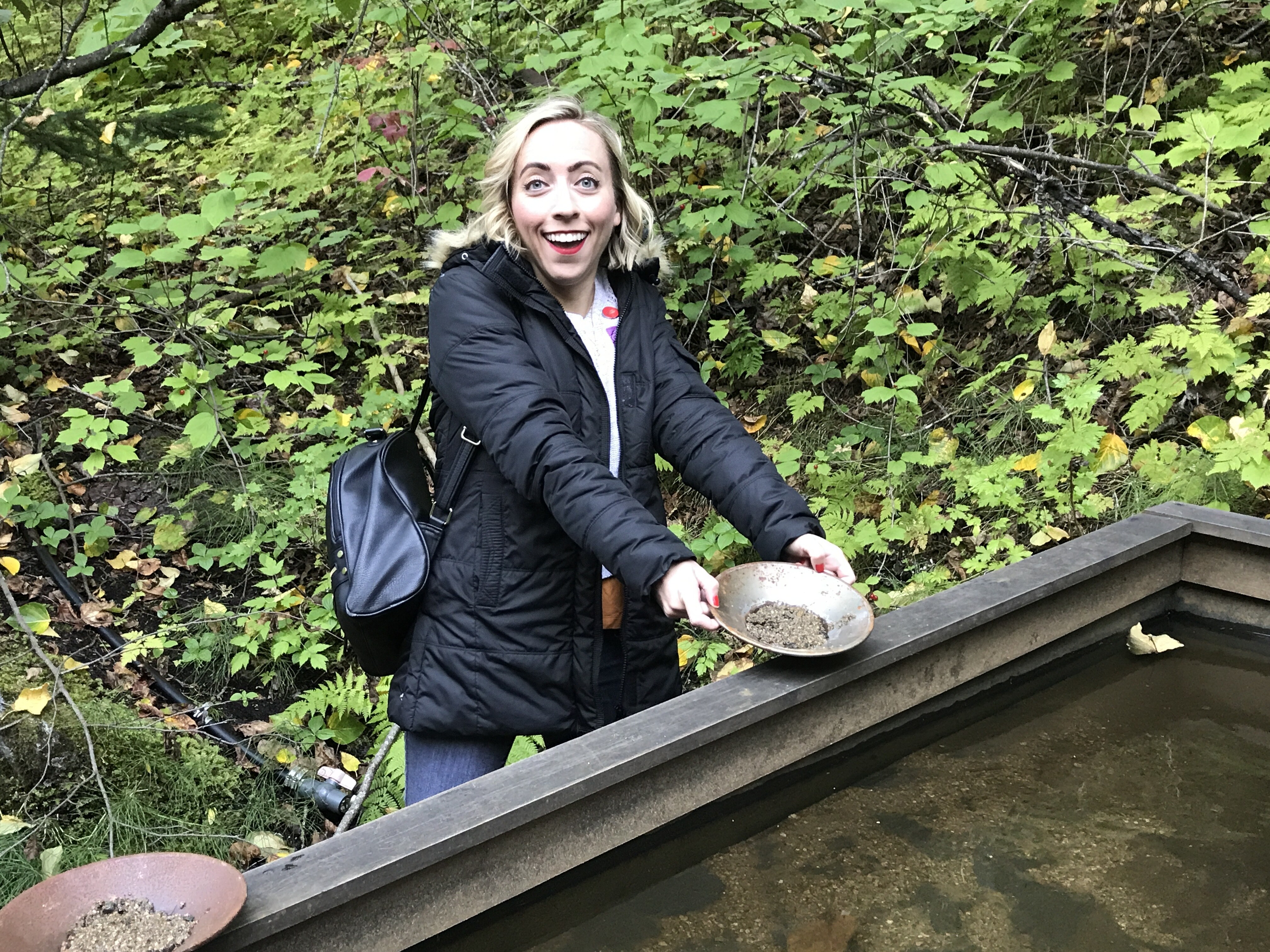 Oh My Disney Host Michelle Lema gold mining in Liarsville, Skagway on Disney Wonder Alaska Cruise