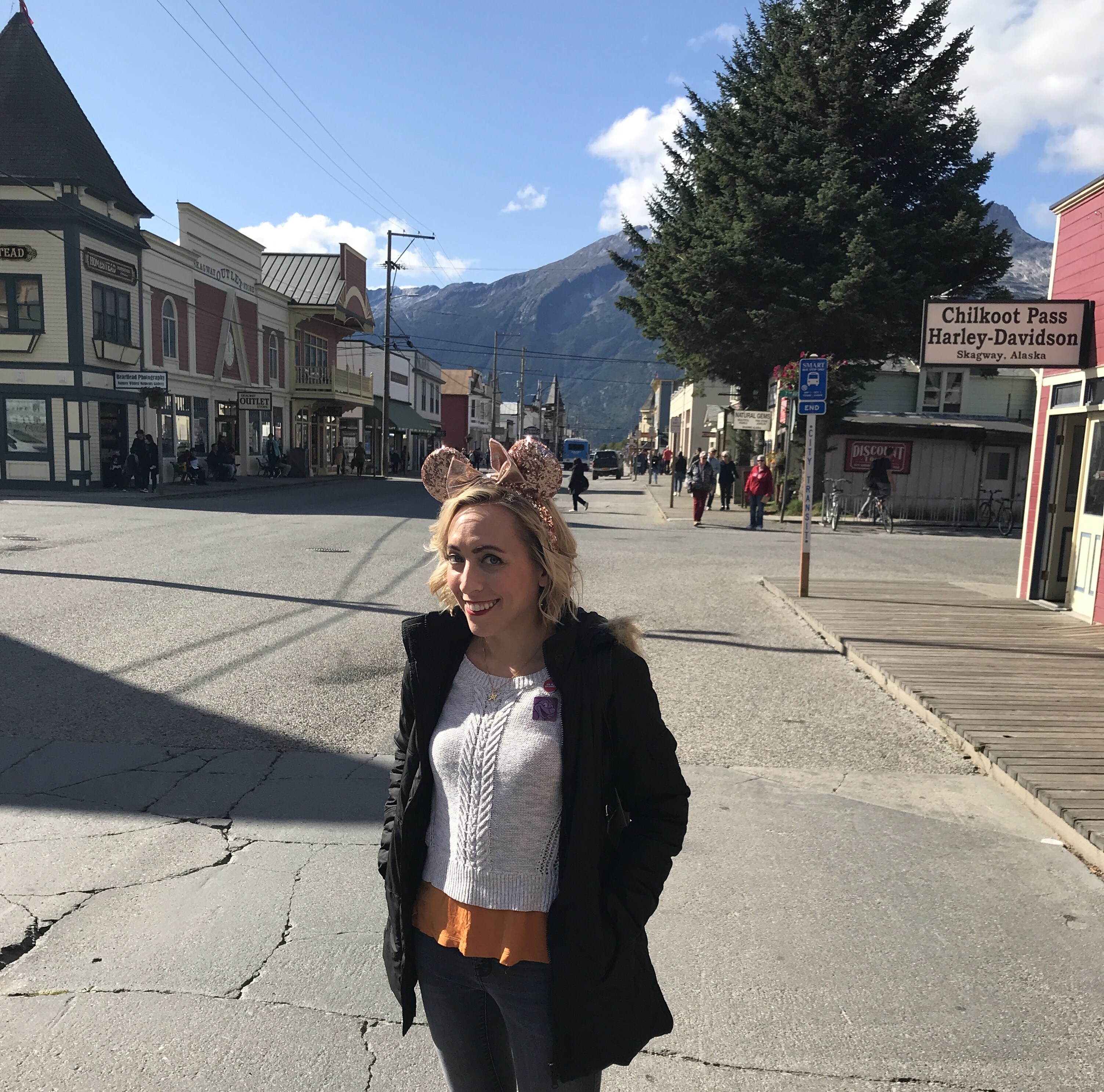 Oh My Disney Host Michelle Lema on Main Street Skagway During the Disney Wonder Alaska Cruise 