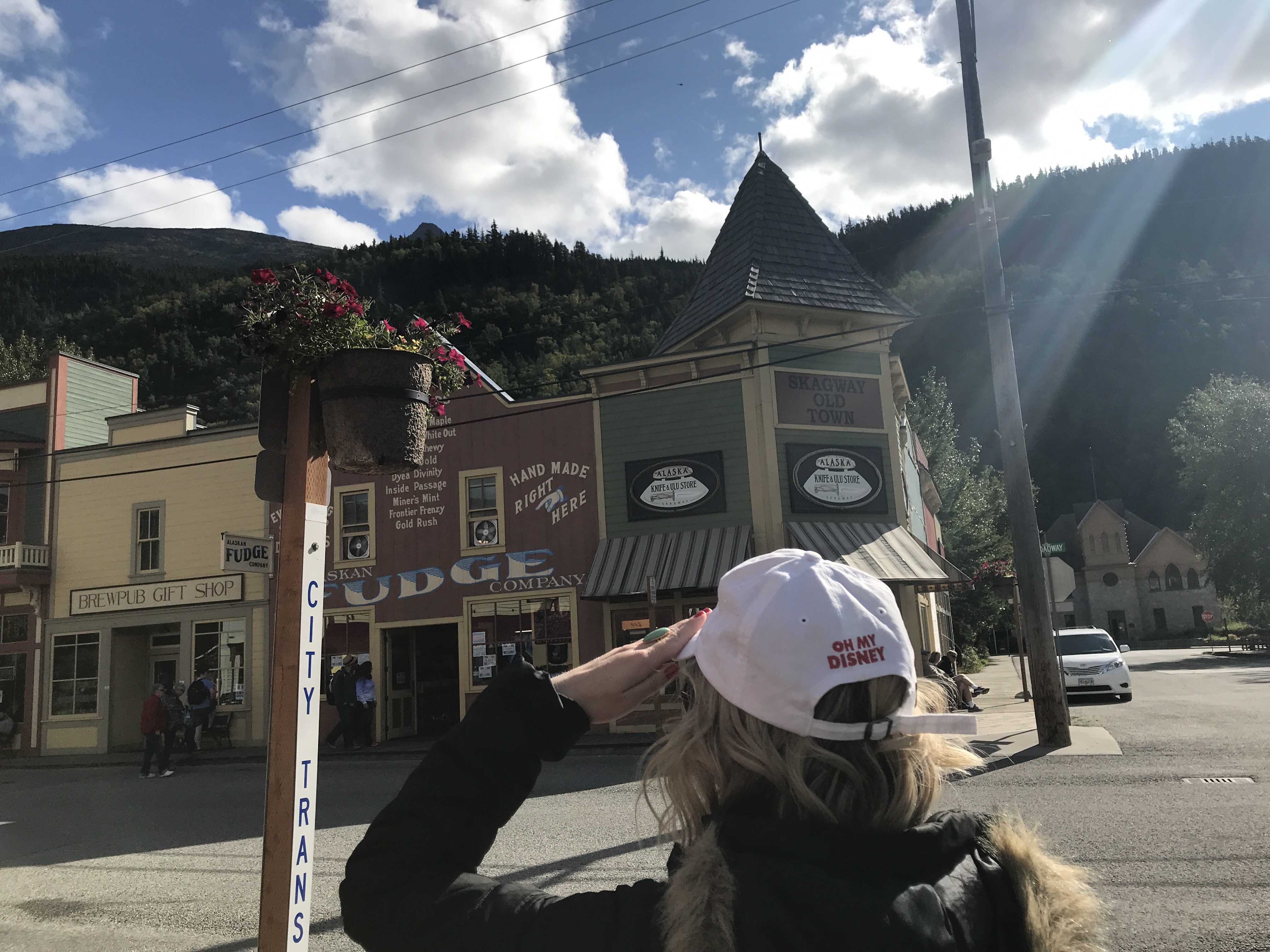 Skagway Main Street on Disney Wonder Alaska Cruise with Oh My Disney hat