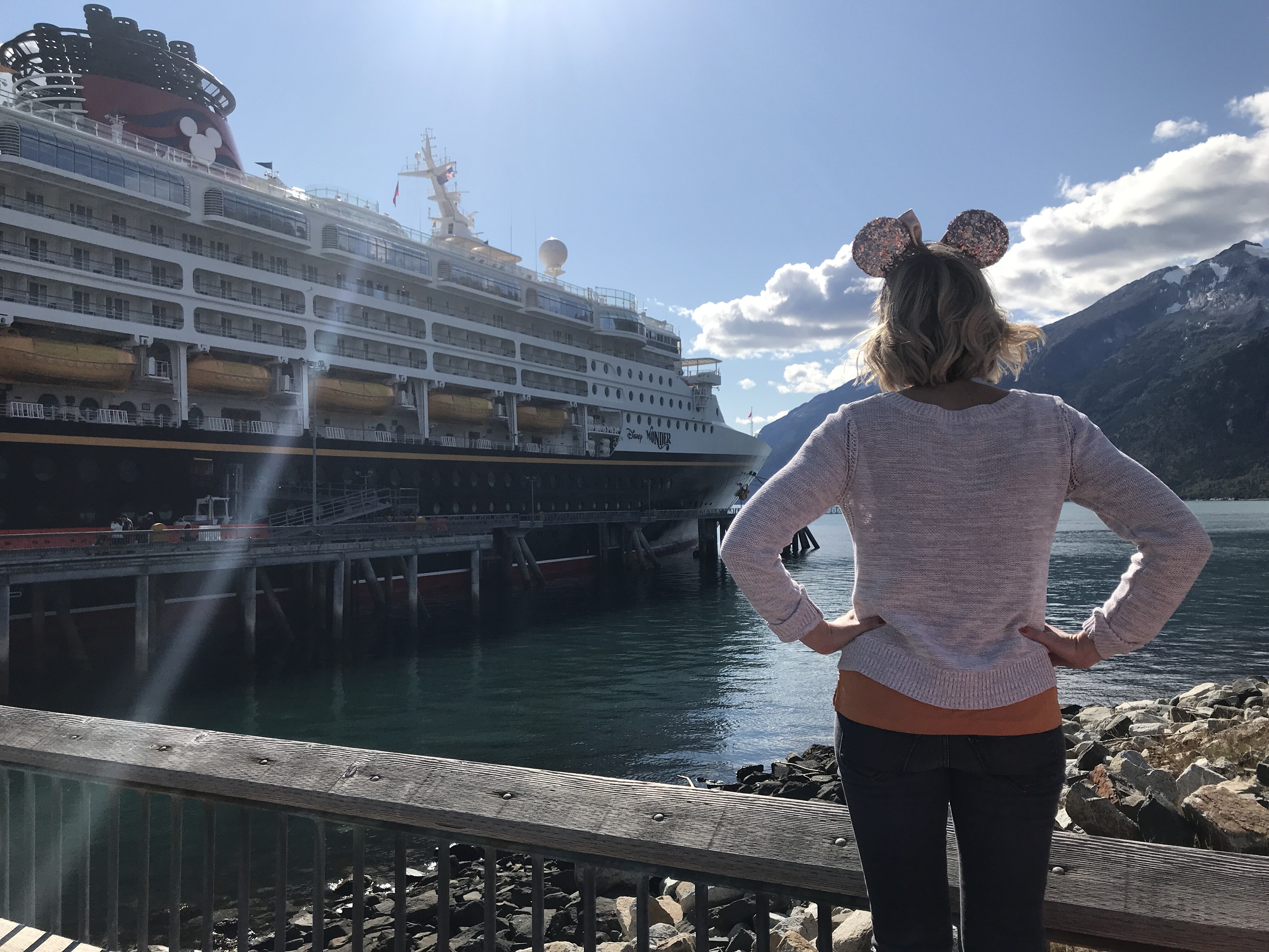 Minnie Mouse Ears and Disney Wonder in Skagway Port on the Disney Wonder Alaska Cruise