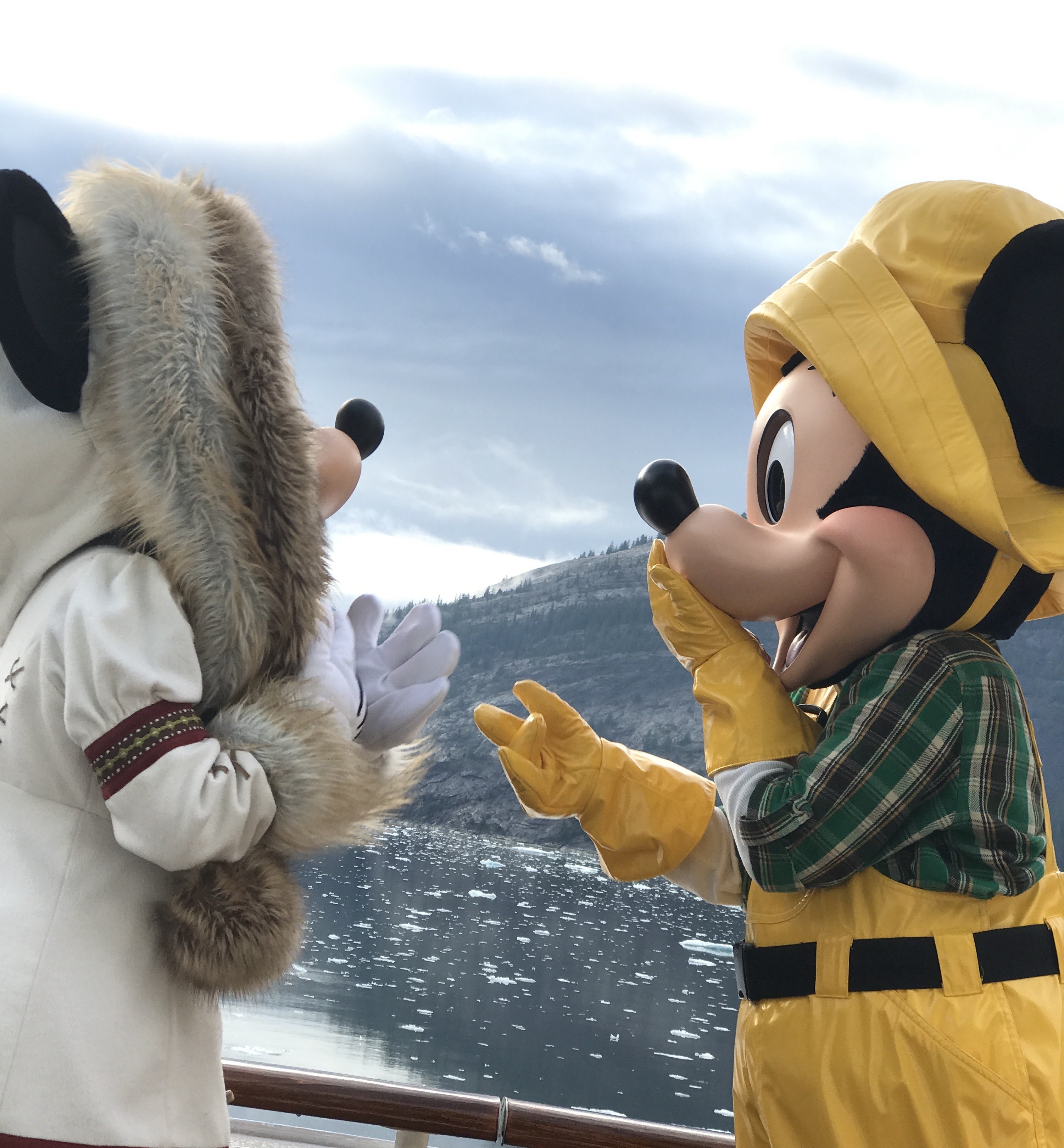 Minnie and Mickey in Alaska Outfits on the Disney Wonder Alaska Cruise in Tracy Arm