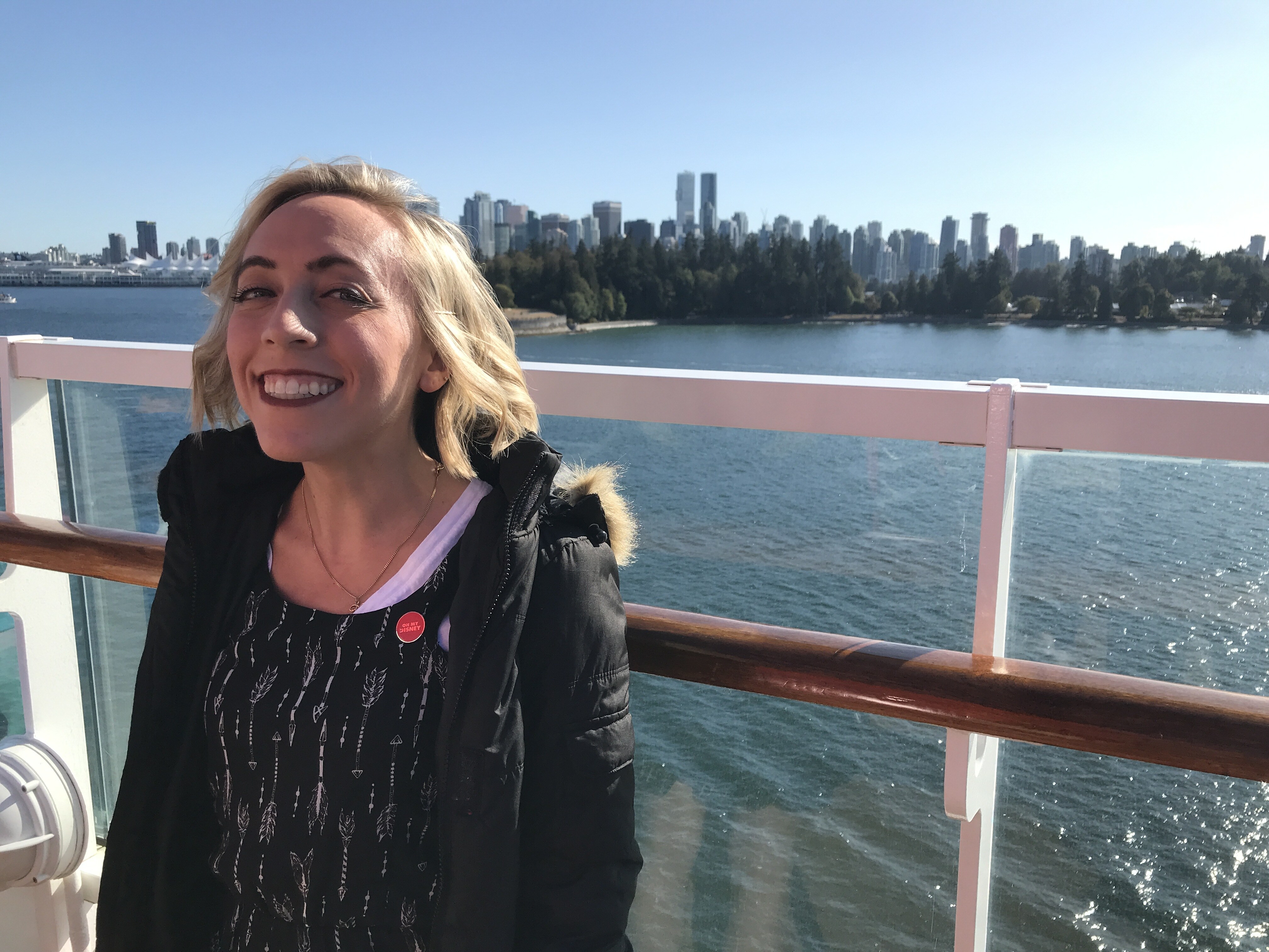 Oh My Disney host Michelle Lema on the Disney Wonder top deck Departing Vancouver
