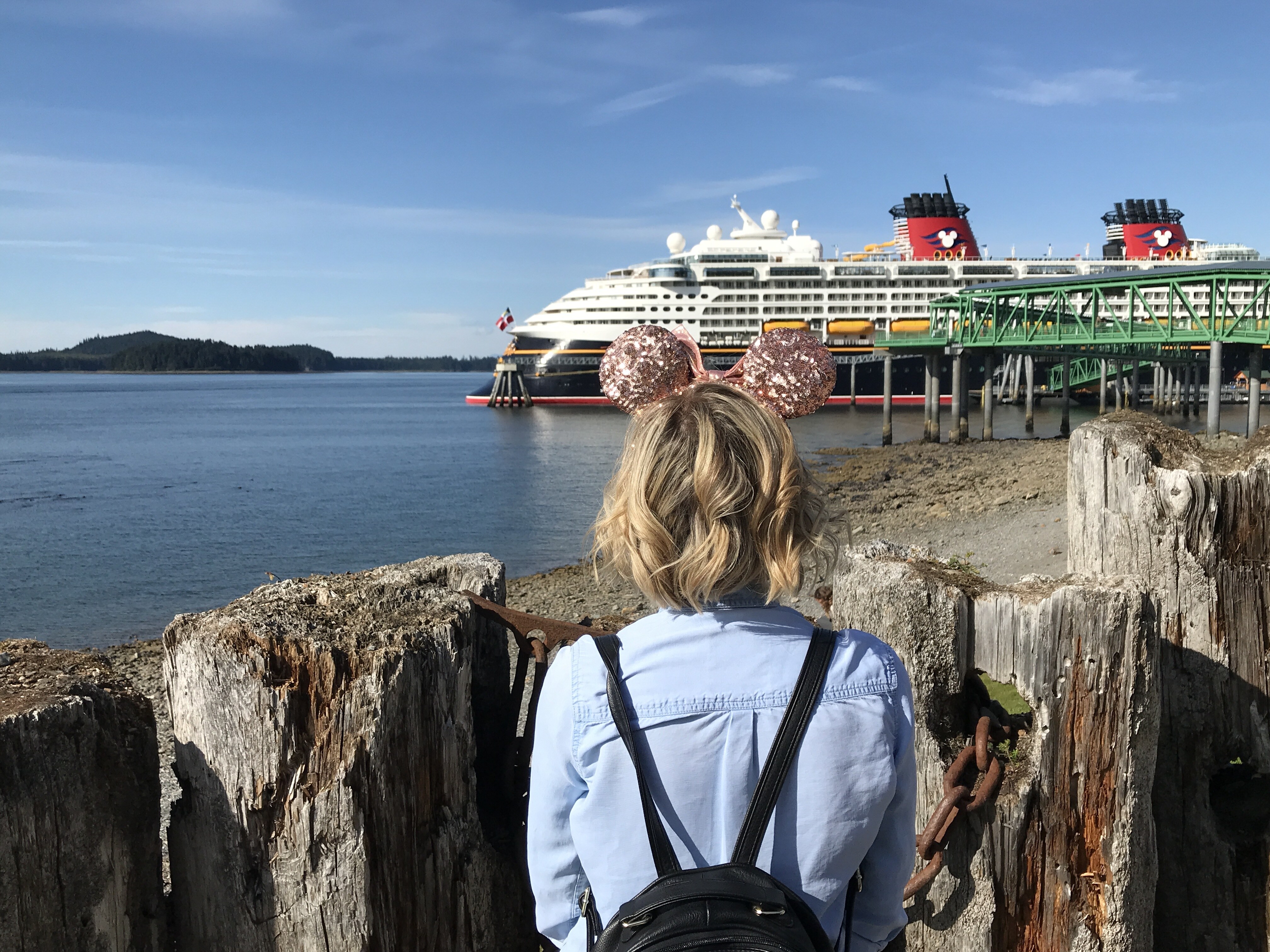 Minnie Ears in front of Disney Wonder in Icy Strait Point, Alaska