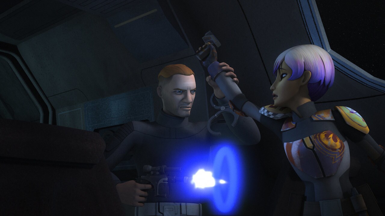Arriving at Mandalore, they find the planet torn in half. Ezra is shocked, taking his eyes off Ra...