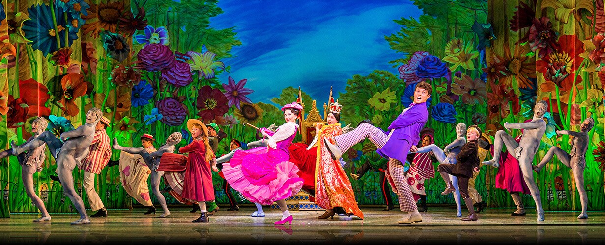 Zizi Strallen (Mary Poppins), Charlie Stemp (Bert) and Company dancing 