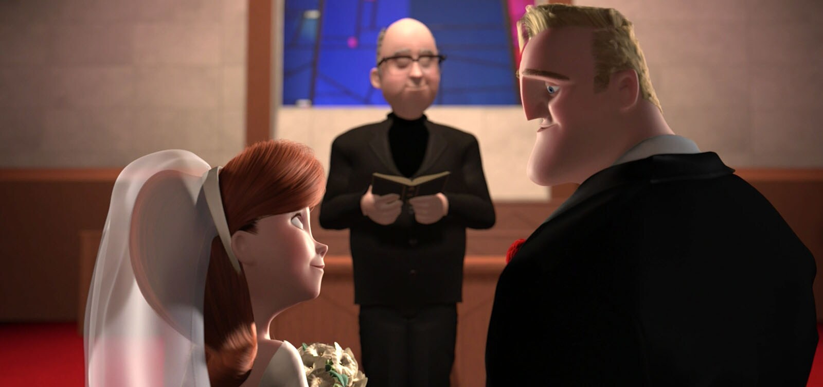 The wedding of Mr. Incredible and Elastigirl in "The Incredibles"