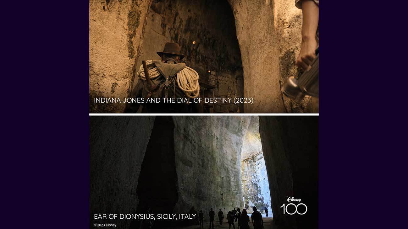 Scene from Indiana Jones and the Dial of Destiny (2023) and image of Ear of Dionysius, Sicily Italy