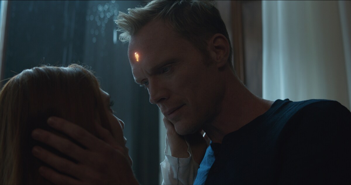 Scarlet Witch, played by Elizabeth Olsen, and Vision, played by Paul Bettany are pictured in a scene from Avengers: Infinity War.  Scarlet Witch touches Vision's face.