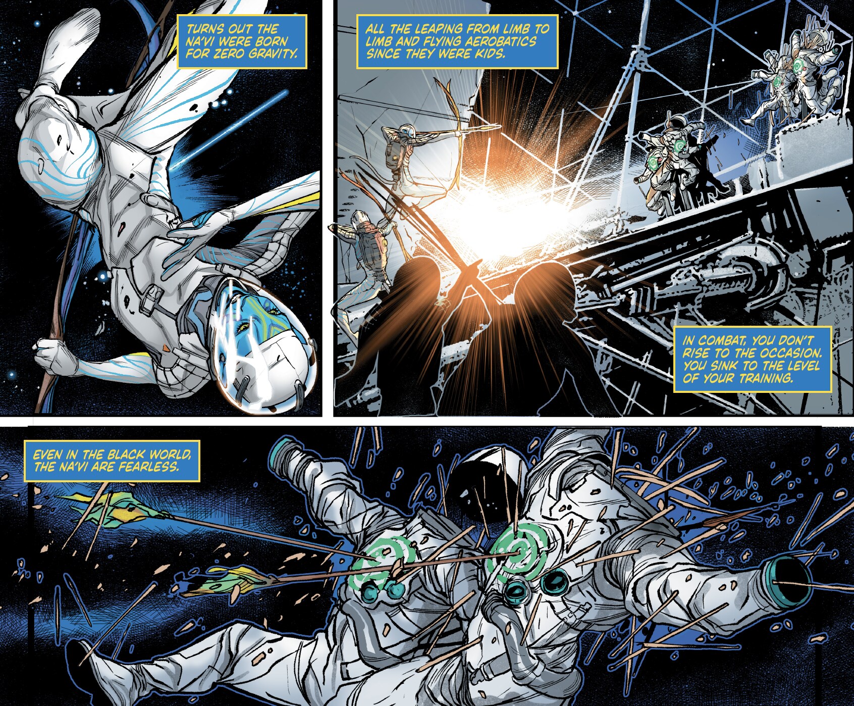 Comic book renditions of Na'vi in space suits.