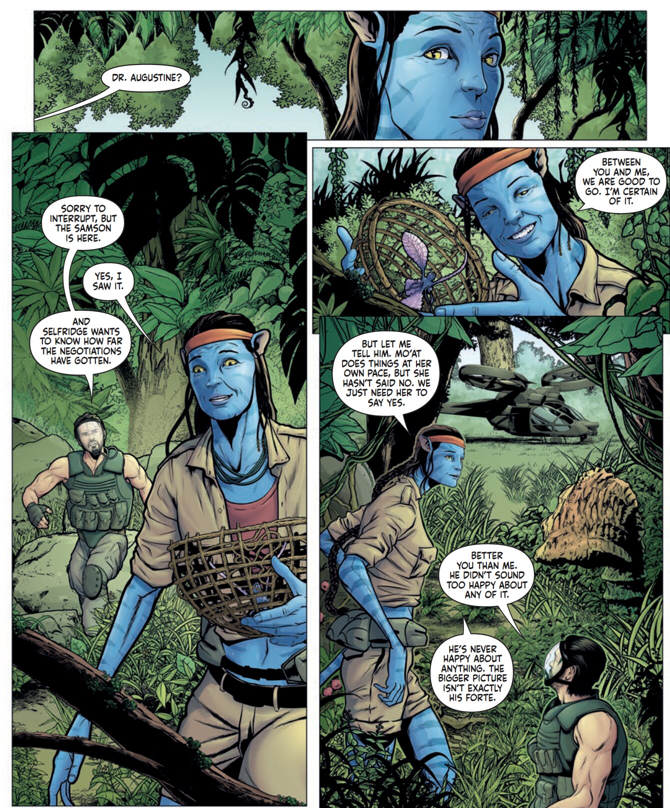 A page from a comic book featuring Na'vi walking through a forest.