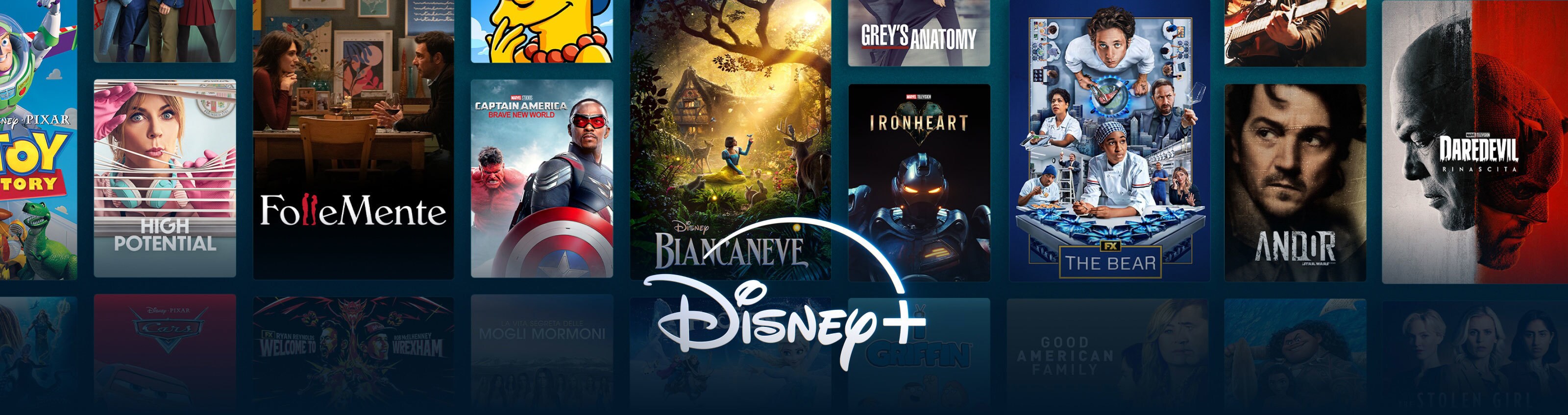 Sfondo di locandine che mostrano una selezione di contenuti disponibili su Disney+