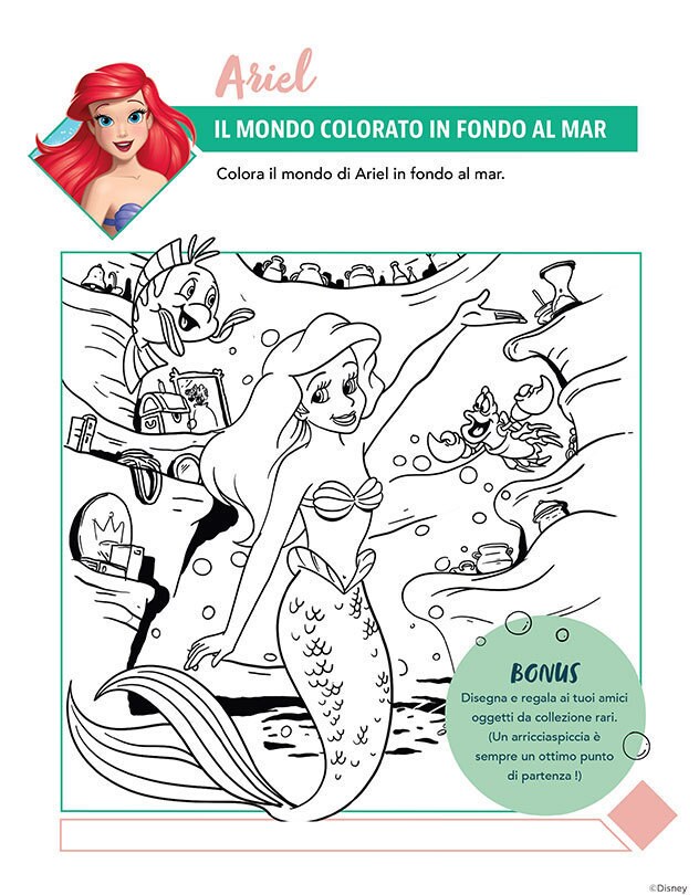 Pagina da colorare con Ariel dal film Disney La Sirenetta, circondata da creature marine e tesori sommersi.