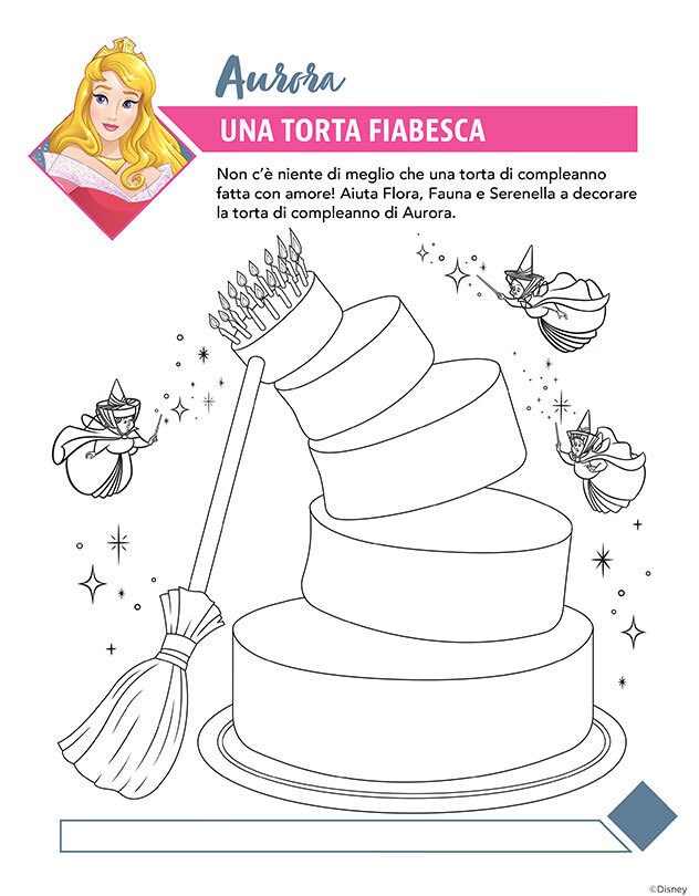 Pagina da colorare con Aurora dal film Disney La Bella Addormentata nel Bosco, insieme a Flora, Fauna e Serenella che decorano una torta di compleanno magica.