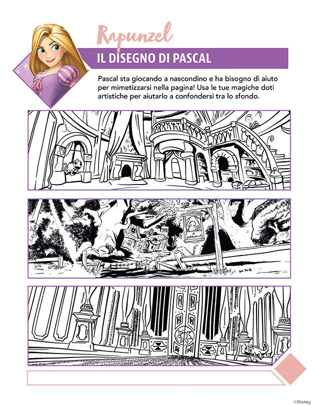 Pagina da colorare con Rapunzel dal film Disney Rapunzel – L’Intreccio della Torre, con Pascal che gioca a nascondino in uno sfondo vivace.