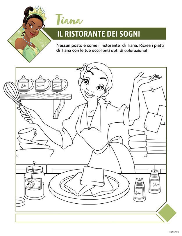 Pagina da colorare con Tiana dal film Disney La Principessa e il Ranocchio, mentre cucina nel suo ristorante dei sogni.