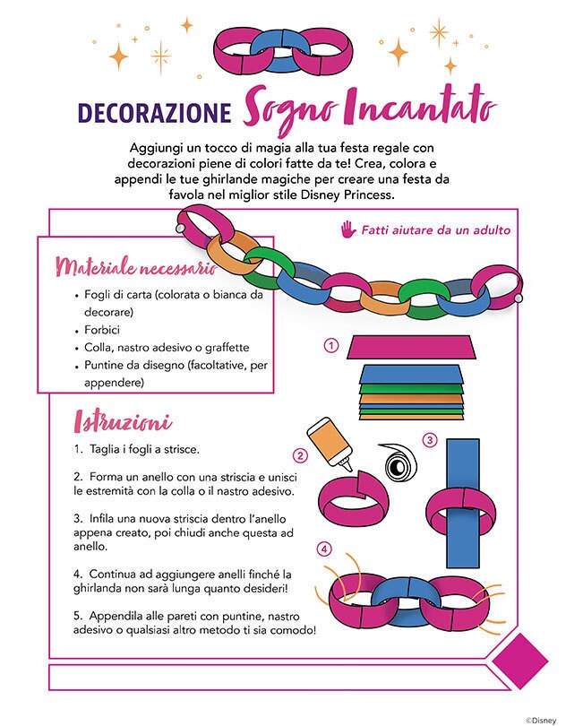 Guida per decorazioni per una festa a tema Principesse Disney con ghirlande magiche.