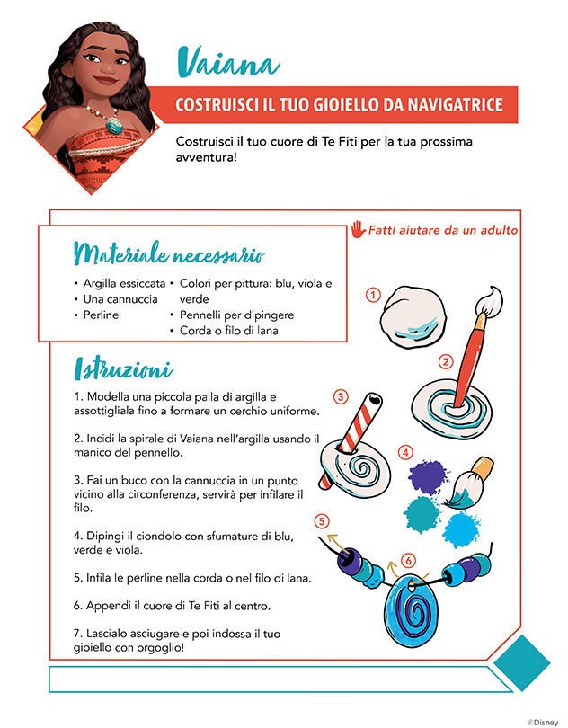 Istruzioni per realizzare una collana cuore di Te Fiti con argilla e colori.