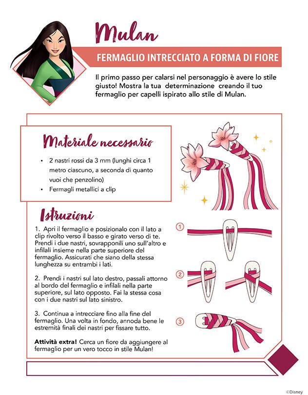 Istruzioni per creare un fermaglio per capelli ispirato allo stile di Mulan con nastri e fermagli a clip.