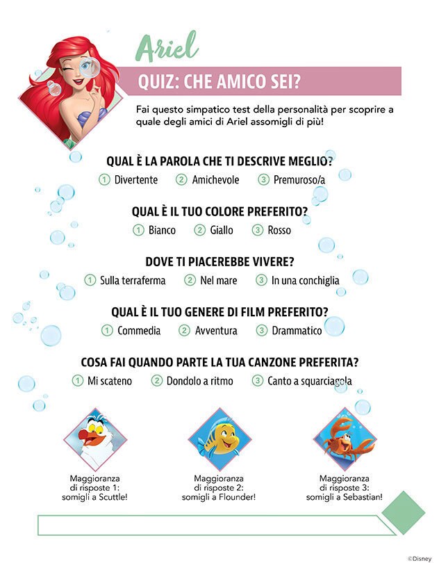 Divertente quiz sui personaggi del film Disney  La Sirenetta.