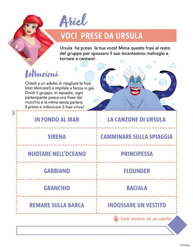 Gioco con mimica ispirato alla storia di Ariel e l'incantesimo fatto da Ursula.